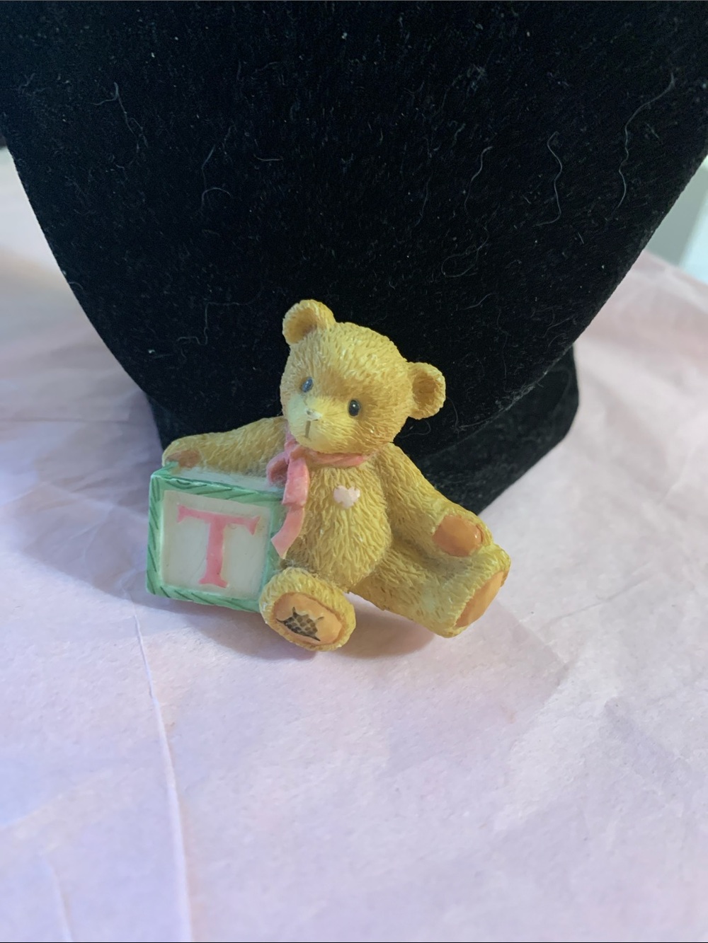 Yellow Teddy Bear Brooch with Pink Ribbon and Block Accent